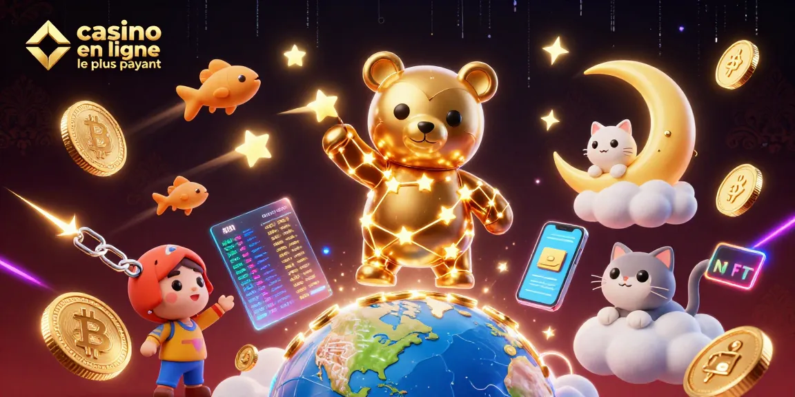 Illustration évoquant le casino en ligne le plus payant avec un ours en constellation et des éléments de crypto-monnaie.