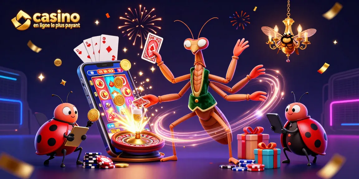 Célébrez avec le casino en ligne le plus payant : illustration 3D d’un mante religieuse malicieuse distribuant des cartes et des jetons.