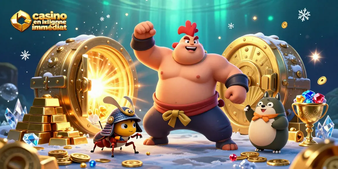 Profitez du casino en ligne retrait immédiat avec un sumo, un criquet et un tanuki entourés de trésors.