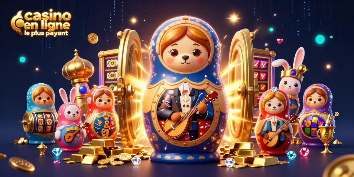 Illustration vibrante de jeu mettant en scène un ours matriochka et des ours croupiers, excitante pour le casino en ligne le plus payant