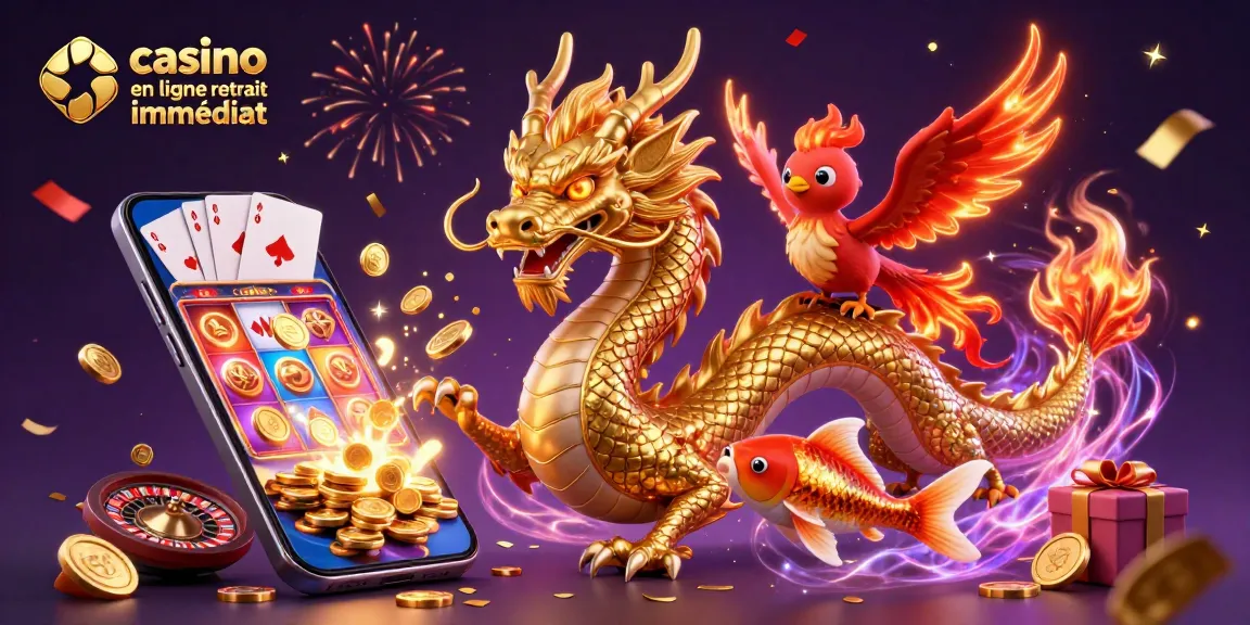 Jouez à casino en ligne retrait immédiat avec un dragon chinois doré et un phénix sur un smartphone de jeu dynamique.