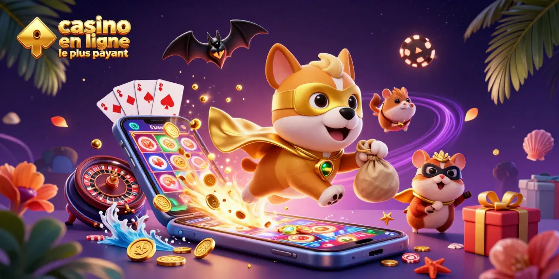 Le casino en ligne le plus payant animé par un chien super-héros et un hamster avec des pièces d'or, dans un cadre coloré.